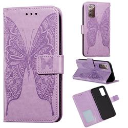 Intricate Embossing Vivid Butterfly Leather Wallet Case for Samsung Galaxy Note 20 - Purple