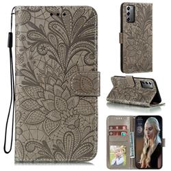 Intricate Embossing Lace Jasmine Flower Leather Wallet Case for Samsung Galaxy Note 20 - Gray