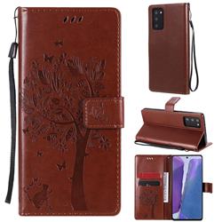 Embossing Butterfly Tree Leather Wallet Case for Samsung Galaxy Note 20 - Coffee