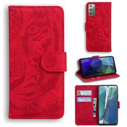 Intricate Embossing Tiger Face Leather Wallet Case for Samsung Galaxy Note 20 - Red