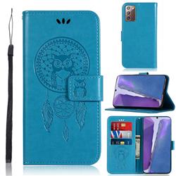 Intricate Embossing Owl Campanula Leather Wallet Case for Samsung Galaxy Note 20 - Blue