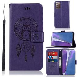 Intricate Embossing Owl Campanula Leather Wallet Case for Samsung Galaxy Note 20 - Purple