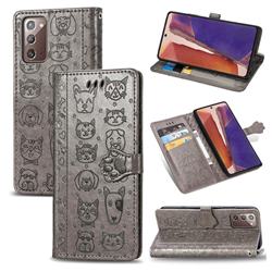 Embossing Dog Paw Kitten and Puppy Leather Wallet Case for Samsung Galaxy Note 20 - Gray