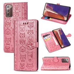 Embossing Dog Paw Kitten and Puppy Leather Wallet Case for Samsung Galaxy Note 20 - Pink