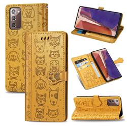 Embossing Dog Paw Kitten and Puppy Leather Wallet Case for Samsung Galaxy Note 20 - Yellow