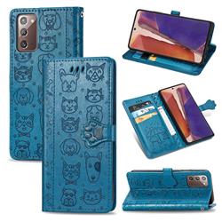 Embossing Dog Paw Kitten and Puppy Leather Wallet Case for Samsung Galaxy Note 20 - Blue