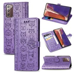 Embossing Dog Paw Kitten and Puppy Leather Wallet Case for Samsung Galaxy Note 20 - Purple