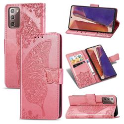 Embossing Mandala Flower Butterfly Leather Wallet Case for Samsung Galaxy Note 20 - Pink