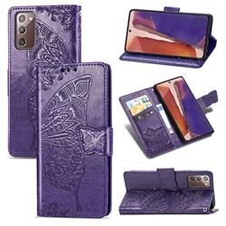 Embossing Mandala Flower Butterfly Leather Wallet Case for Samsung Galaxy Note 20 - Dark Purple