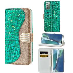 Glitter Diamond Buckle Laser Stitching Leather Wallet Phone Case for Samsung Galaxy Note 20 - Green