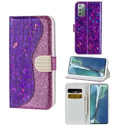Glitter Diamond Buckle Laser Stitching Leather Wallet Phone Case for Samsung Galaxy Note 20 - Purple