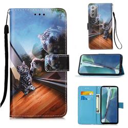Mirror Cat Matte Leather Wallet Phone Case for Samsung Galaxy Note 20