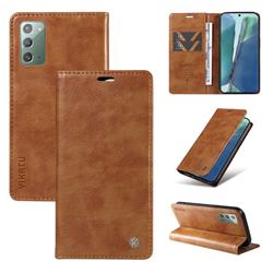 YIKATU Litchi Card Magnetic Automatic Suction Leather Flip Cover for Samsung Galaxy Note 20 - Brown