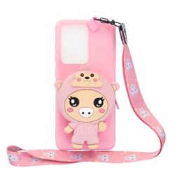 Pink Pig Neck Lanyard Zipper Wallet Silicone Case for Samsung Galaxy Note 20 Ultra