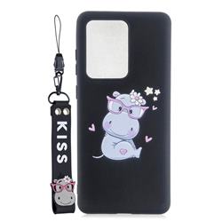 Black Flower Hippo Soft Kiss Candy Hand Strap Silicone Case for Samsung Galaxy Note 20 Ultra
