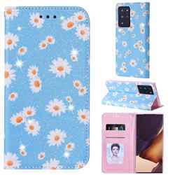 Ultra Slim Daisy Sparkle Glitter Powder Magnetic Leather Wallet Case for Samsung Galaxy Note 20 Ultra - Blue