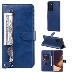 Retro Luxury Zipper Leather Phone Wallet Case for Samsung Galaxy Note 20 Ultra - Blue