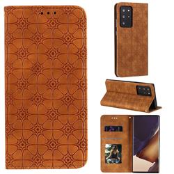 Intricate Embossing Four Leaf Clover Leather Wallet Case for Samsung Galaxy Note 20 Ultra - Yellowish Brown