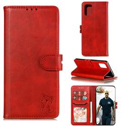 Embossing Happy Cat Leather Wallet Case for Samsung Galaxy Note 20 Ultra - Red