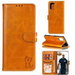 Embossing Happy Cat Leather Wallet Case for Samsung Galaxy Note 20 Ultra - Yellow