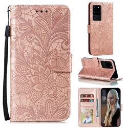 Intricate Embossing Lace Jasmine Flower Leather Wallet Case for Samsung Galaxy Note 20 Ultra - Rose Gold