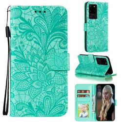 Intricate Embossing Lace Jasmine Flower Leather Wallet Case for Samsung Galaxy Note 20 Ultra - Green