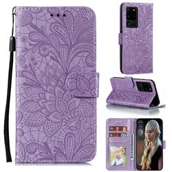 Intricate Embossing Lace Jasmine Flower Leather Wallet Case for Samsung Galaxy Note 20 Ultra - Purple