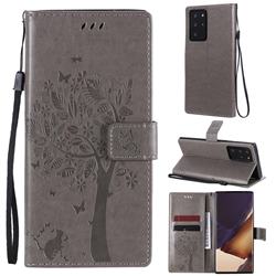 Embossing Butterfly Tree Leather Wallet Case for Samsung Galaxy Note 20 Ultra - Grey
