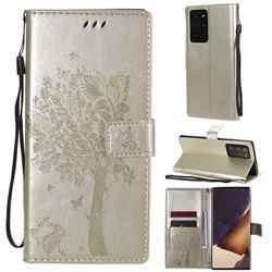 Embossing Butterfly Tree Leather Wallet Case for Samsung Galaxy Note 20 Ultra - Champagne