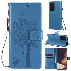 Embossing Butterfly Tree Leather Wallet Case for Samsung Galaxy Note 20 Ultra - Blue