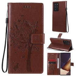 Embossing Butterfly Tree Leather Wallet Case for Samsung Galaxy Note 20 Ultra - Coffee