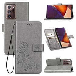 Embossing Imprint Four-Leaf Clover Leather Wallet Case for Samsung Galaxy Note 20 Ultra - Grey