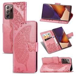 Embossing Mandala Flower Butterfly Leather Wallet Case for Samsung Galaxy Note 20 Ultra - Pink