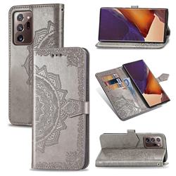Embossing Imprint Mandala Flower Leather Wallet Case for Samsung Galaxy Note 20 Ultra - Gray