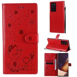 Embossing Bee and Cat Leather Wallet Case for Samsung Galaxy Note 20 Ultra - Red