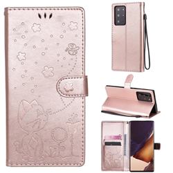 Embossing Bee and Cat Leather Wallet Case for Samsung Galaxy Note 20 Ultra - Rose Gold