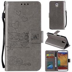 Embossing Owl Couple Flower Leather Wallet Case for Samsung Galaxy Note 3 N900 - Gray