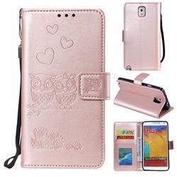 Embossing Owl Couple Flower Leather Wallet Case for Samsung Galaxy Note 3 N900 - Rose Gold