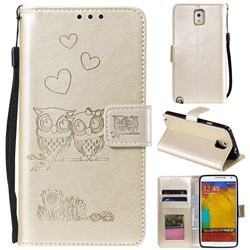 Embossing Owl Couple Flower Leather Wallet Case for Samsung Galaxy Note 3 N900 - Golden