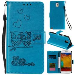 Embossing Owl Couple Flower Leather Wallet Case for Samsung Galaxy Note 3 N900 - Blue