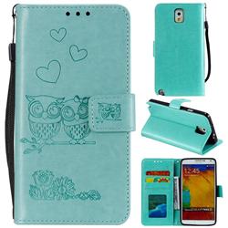 Embossing Owl Couple Flower Leather Wallet Case for Samsung Galaxy Note 3 N900 - Green