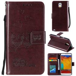 Embossing Owl Couple Flower Leather Wallet Case for Samsung Galaxy Note 3 N900 - Brown
