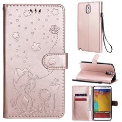 Embossing Bee and Cat Leather Wallet Case for Samsung Galaxy Note 3 N900 - Rose Gold
