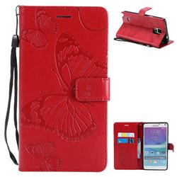 Embossing 3D Butterfly Leather Wallet Case for Samsung Galaxy Note 4 - Red