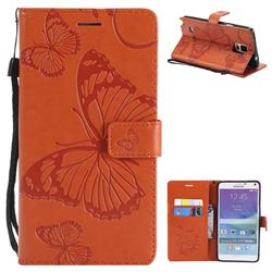 Embossing 3D Butterfly Leather Wallet Case for Samsung Galaxy Note 4 - Orange