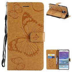 Embossing 3D Butterfly Leather Wallet Case for Samsung Galaxy Note 4 - Yellow