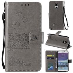 Embossing Owl Couple Flower Leather Wallet Case for Samsung Galaxy Note 4 - Gray