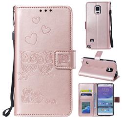 Embossing Owl Couple Flower Leather Wallet Case for Samsung Galaxy Note 4 - Rose Gold