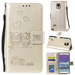 Embossing Owl Couple Flower Leather Wallet Case for Samsung Galaxy Note 4 - Golden