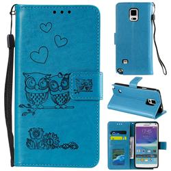 Embossing Owl Couple Flower Leather Wallet Case for Samsung Galaxy Note 4 - Blue